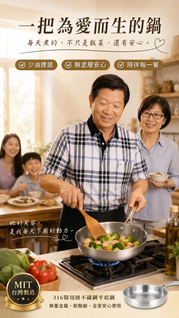 🆕全新一代，六年研發全面進化！不是食品級，是醫用級！🏥林允靜最新力作——醫用級316不鏽鋼平底鍋，採用手術刀、人工關節同等級鋼材打造，零塗層、零重金屬釋出，給家人最安心的每一餐🍲。比上一代輕15%，單手輕鬆翻，煎魚不破皮、炒菜不冒黑煙，水一沖就乾淨✨。台灣製造，世界第一精密鑄造技術，每一個把手、每一顆鉚釘都是老師傅親手鎖上🔧。這不是普通的鍋，是用做給老婆的心意，全新打造給全家人的健康好鍋！ - 5