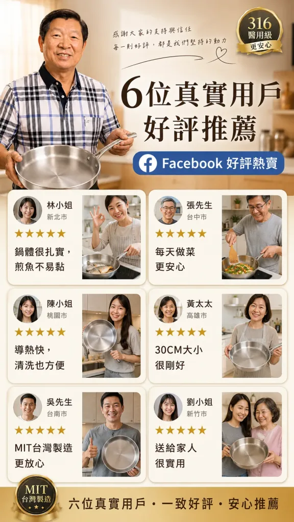 🆕全新一代，六年研發全面進化！不是食品級，是醫用級！🏥林允靜最新力作——醫用級316不鏽鋼平底鍋，採用手術刀、人工關節同等級鋼材打造，零塗層、零重金屬釋出，給家人最安心的每一餐🍲。比上一代輕15%，單手輕鬆翻，煎魚不破皮、炒菜不冒黑煙，水一沖就乾淨✨。台灣製造，世界第一精密鑄造技術，每一個把手、每一顆鉚釘都是老師傅親手鎖上🔧。這不是普通的鍋，是用做給老婆的心意，全新打造給全家人的健康好鍋！ - 9