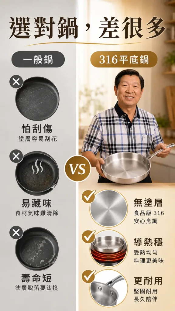 🆕全新一代，六年研發全面進化！不是食品級，是醫用級！🏥林允靜最新力作——醫用級316不鏽鋼平底鍋，採用手術刀、人工關節同等級鋼材打造，零塗層、零重金屬釋出，給家人最安心的每一餐🍲。比上一代輕15%，單手輕鬆翻，煎魚不破皮、炒菜不冒黑煙，水一沖就乾淨✨。台灣製造，世界第一精密鑄造技術，每一個把手、每一顆鉚釘都是老師傅親手鎖上🔧。這不是普通的鍋，是用做給老婆的心意，全新打造給全家人的健康好鍋！ - 7