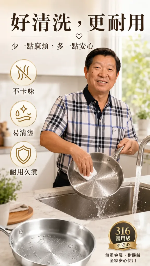 🆕全新一代，六年研發全面進化！不是食品級，是醫用級！🏥林允靜最新力作——醫用級316不鏽鋼平底鍋，採用手術刀、人工關節同等級鋼材打造，零塗層、零重金屬釋出，給家人最安心的每一餐🍲。比上一代輕15%，單手輕鬆翻，煎魚不破皮、炒菜不冒黑煙，水一沖就乾淨✨。台灣製造，世界第一精密鑄造技術，每一個把手、每一顆鉚釘都是老師傅親手鎖上🔧。這不是普通的鍋，是用做給老婆的心意，全新打造給全家人的健康好鍋！ - 6